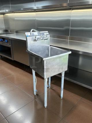 RJ stainless steel mop sink, excellent condition, fully tested, with dual faucet handles, ideal for commercial use.