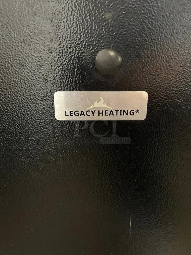 Legacy Heating tag on black surface, indicating make of the pyramid type 40,000 BTU propane outdoor flame patio heater model CAPH-GT-SS.