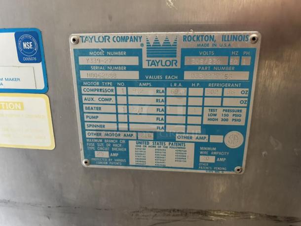 Taylor Y339-27 Gravity Ice Cream Machine, 208/230V, 1 Phase, model plate shows specifications, NSF certified, sold as is.