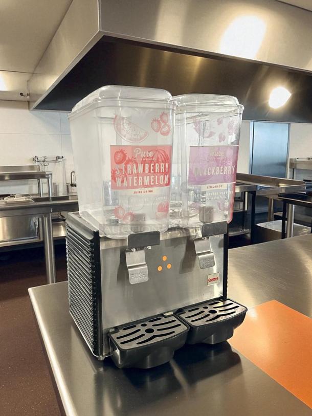 Crathco D25-4 refrigerated drink dispenser, two 5-gal bowls, stainless steel, pre-mix, 115v, great condition, tested, working.