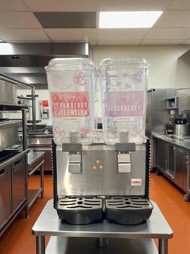 Crathco D25-4 drink dispenser, dual 5-gal bowls, pre-mix, stainless steel, tested, and working condition.