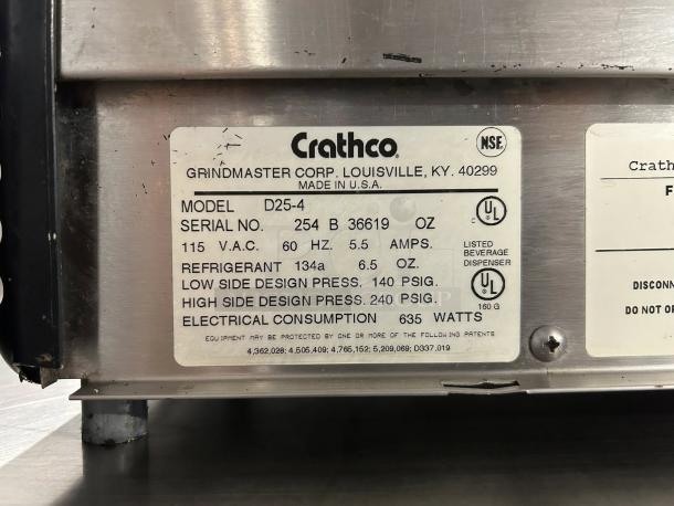 Crathco D25-4 label showing model, serial number, voltage, amperage, refrigerant type, and power specs.