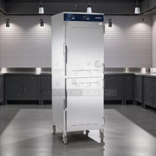 Alto-Shaam 1200-UP full height mobile heated cabinet, 16-pan capacity, excellent condition, tested, 120v, in sleek kitchen setting.