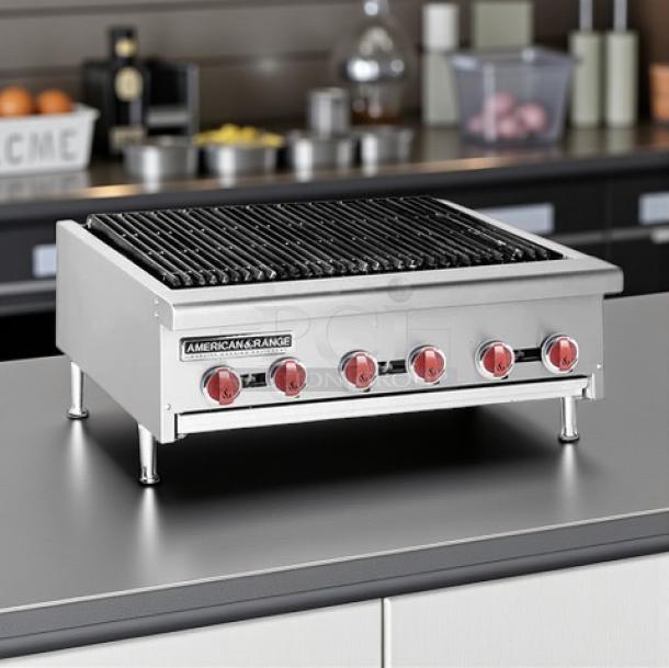 American Range AERB-36 Char Broiler, 36" economy radiant, new, natural gas, stainless steel, factory sealed, with legs.