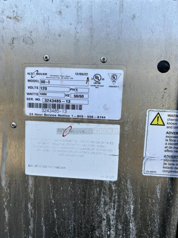 Alto-Shaam 500-S holding cabinet label, showing model, volts, watts, serial number, calibration, and safety warnings.