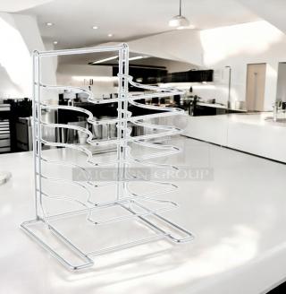 Stainless steel 8-slot wire rack organizer, fully tested and working, on countertop. Great condition.