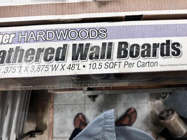 Weaber Hardwoods Weathered Wall Boards carton, 3.75" x 48", 10.5 sq. ft. per carton, multi-color distressed wood, made in USA.