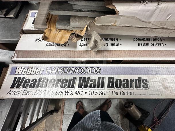 Weaber Hardwoods Weathered Wall Boards, multi-color distressed wood, 3.75"x48", 10.5 sq. ft. per carton, made in USA.