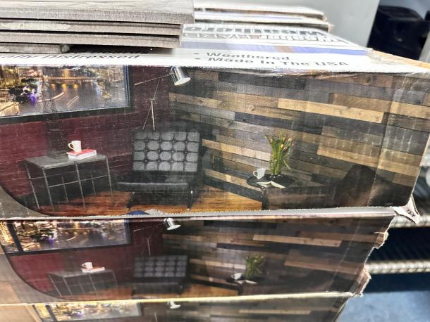 Weaber Hardwoods Weathered Wall Boards, multi-color distressed wood, 3.75" x 48", 10.5 sq. ft. per carton, Made in USA.