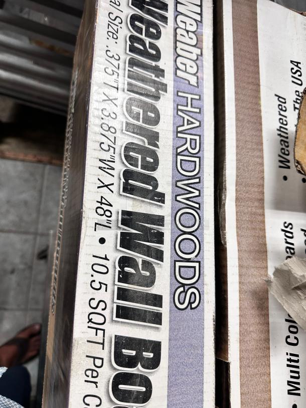 Weaber Hardwoods Weathered Wall Boards in carton, multi-color distressed wood, 3.75" x 48", 10.5 sq. ft., Made in USA.