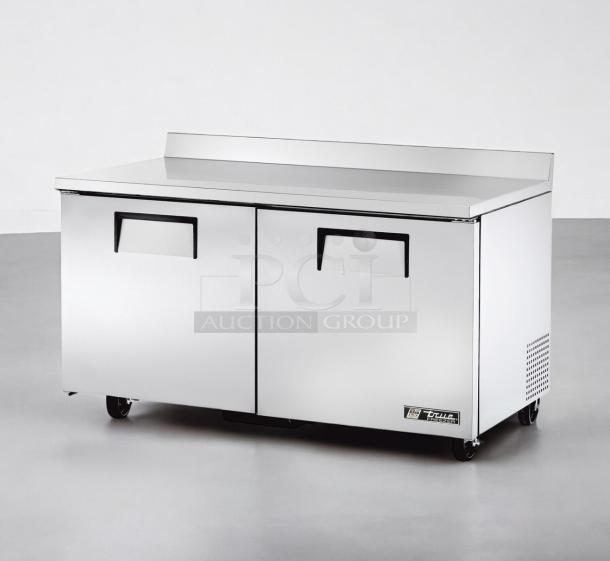 True TWT-60F 60" stainless steel two-door worktop freezer with backsplash, 115V, fully tested, excellent condition.