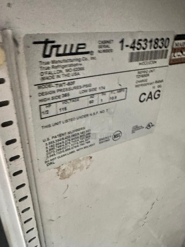 Label on True TWT-60F worktop freezer showing model, serial number 1-4531830, and U.S. patent details.
