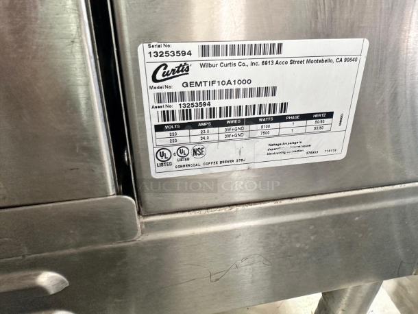 Curtis GEMTIF10A1000 Gemini Intellifresh dual coffee brewer, 220V, fully tested, with visible label detailing voltage and watts.