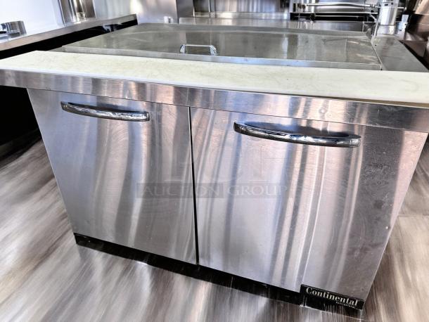 Continental Refrigerator SW48N18M 48" prep table with refrigerated base, cutting board, stainless steel finish, and branded label.