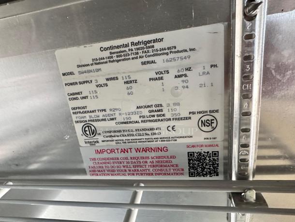 Continental Refrigerator SW48N18M label showing model, power supply, certs, and warning. Fully tested sandwich prep table.