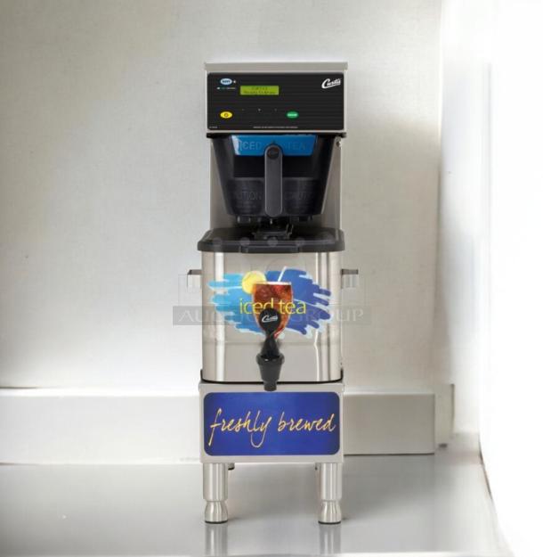 Curtis TBP Iced Tea Brewer, 3-gallon capacity, 120V, stainless steel, "iced tea" and "freshly brewed" labels, tested & working.