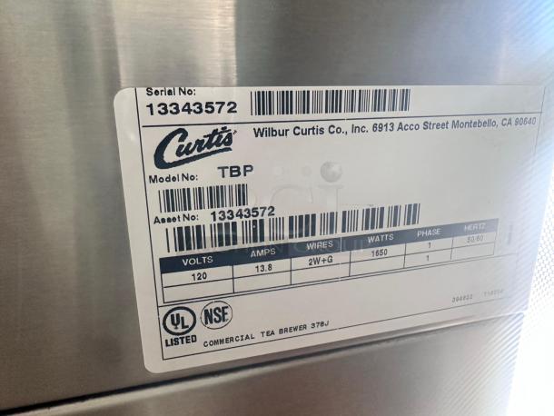 Curtis TBP Iced Tea Brewer label, 3-gallon, 120V, serial 13343572; features NSF and UL certifications.
