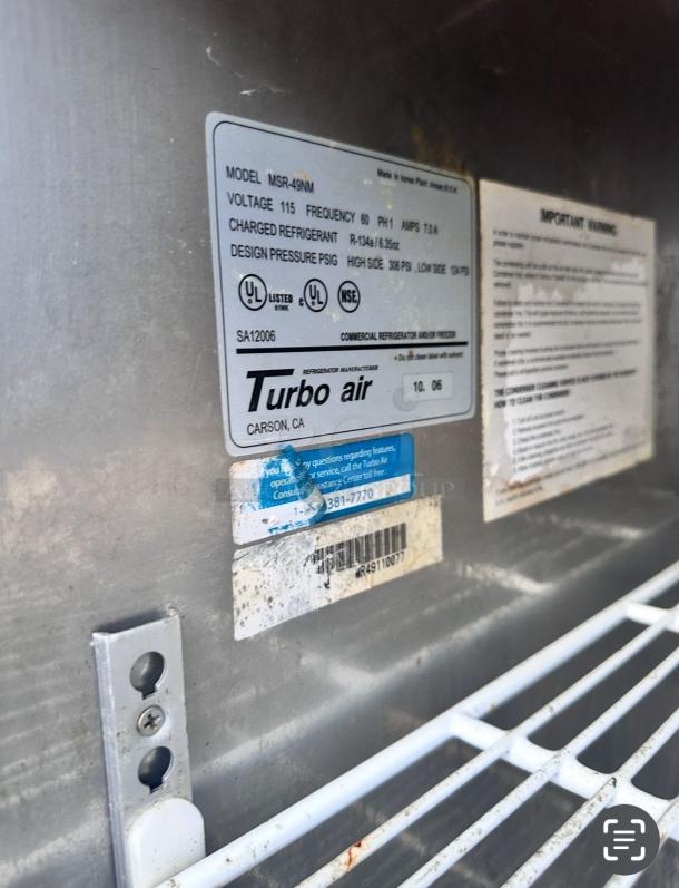 Turbo Air MSR-49NM label; 115V, 2-door reach-in refrigerator, 49 Cu. Ft., fully tested and working.