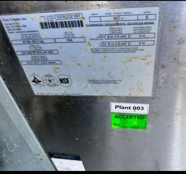 Pitco SSH55 Solstice Supreme gas fryer label showing specifications, serial number G20EC021997, NSF certification, and inspection tags.