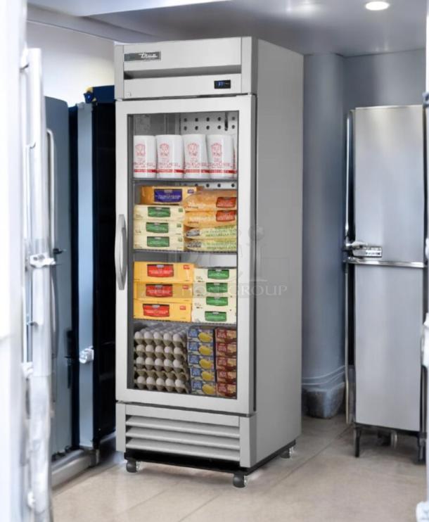 True GDM-23F-HC~TSL01 single glass door freezer, stainless steel, 115V, fully tested, loaded shelves, excellent condition.