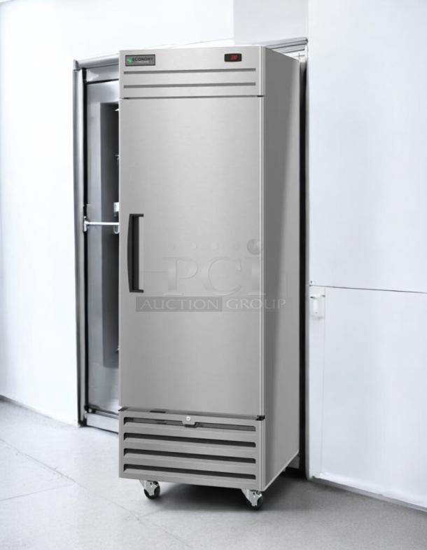 Stainless steel Economy single door upright freezer, model 115V, fully tested and working, on casters, excellent condition.