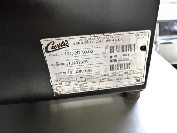 Curtis PC2D-10-02 dual flavor cappuccino dispenser, pristine condition, NSF certified, 120V, fully tested, model and serial number shown.