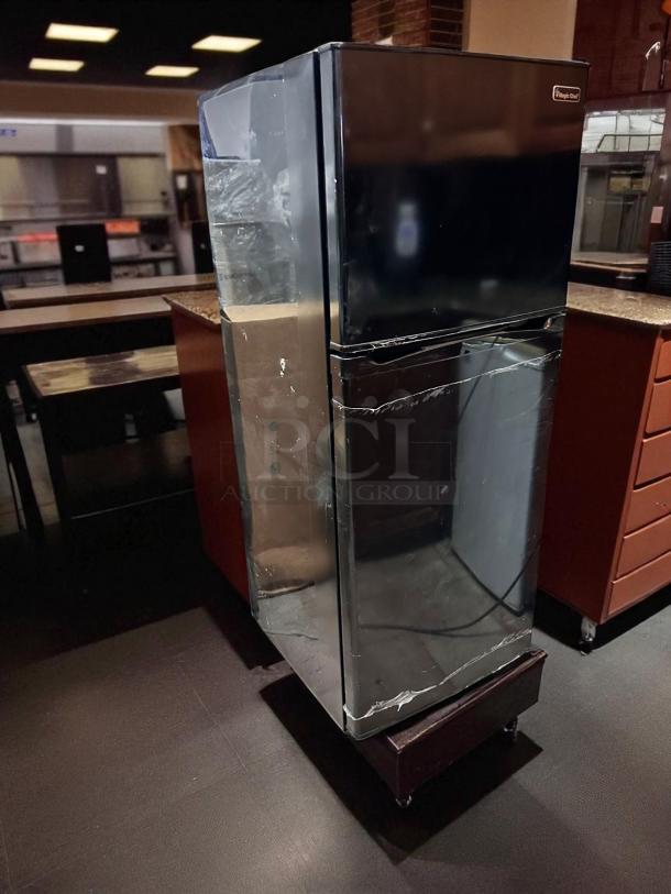 Magic Chef HVDR1040B compact black 2-door refrigerator/freezer; fully tested, working, minor scratches. Model label visible.