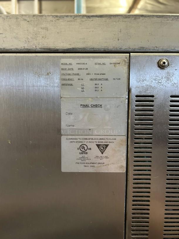 Hobart HWD03D-4 Double Deck Electric Oven with stand, 208V, 10.7kW; excellent condition, labels show model and specs.