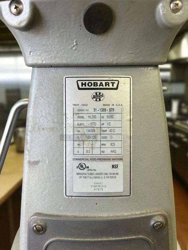 Hobart HL200-10STD Legacy+ 20 qt mixer label, showing model, voltage, and certifications. Excellent condition, fully tested.