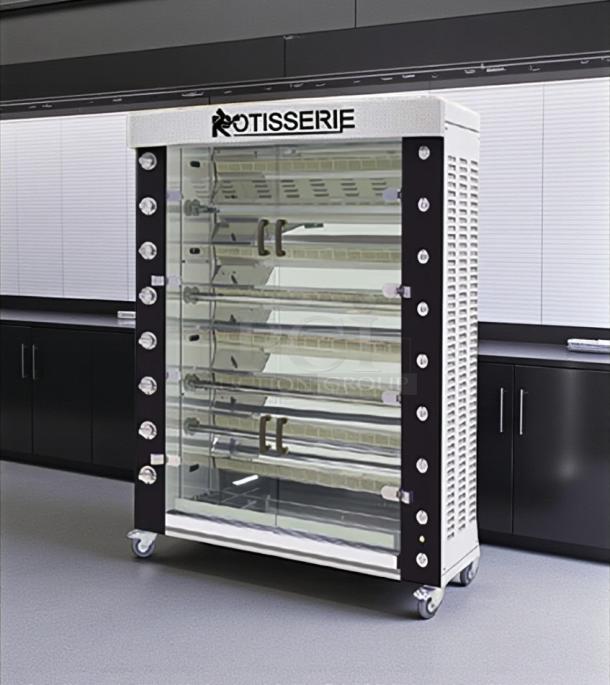 Rotisol USA FB1400-8G-SS gas rotisserie, 8 spit, 48 bird capacity, excellent condition, tested, natural gas, commercial use.