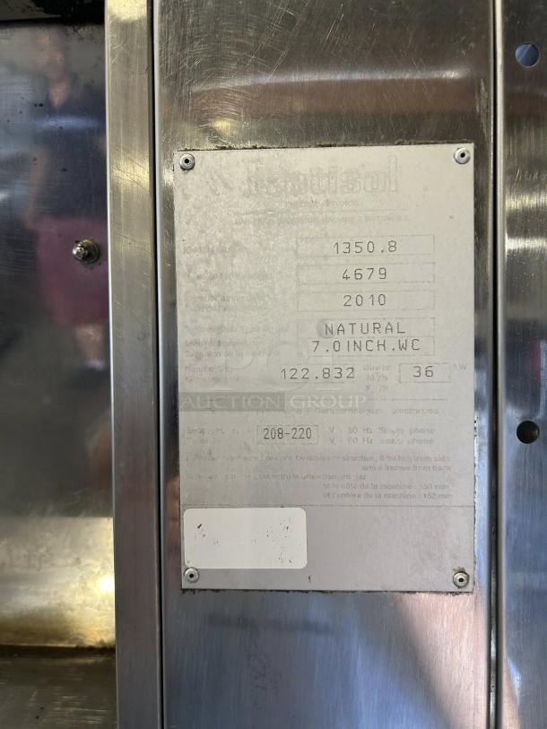 Rotisol USA FB1400-8G-SS gas rotisserie label, details capacity, gas type, and voltage. Stainless steel, excellent condition.