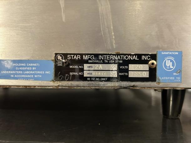 Star HFD-2A heated display cabinet in excellent condition, 120V, 1550W, rotating racks, fully tested, UL certified.