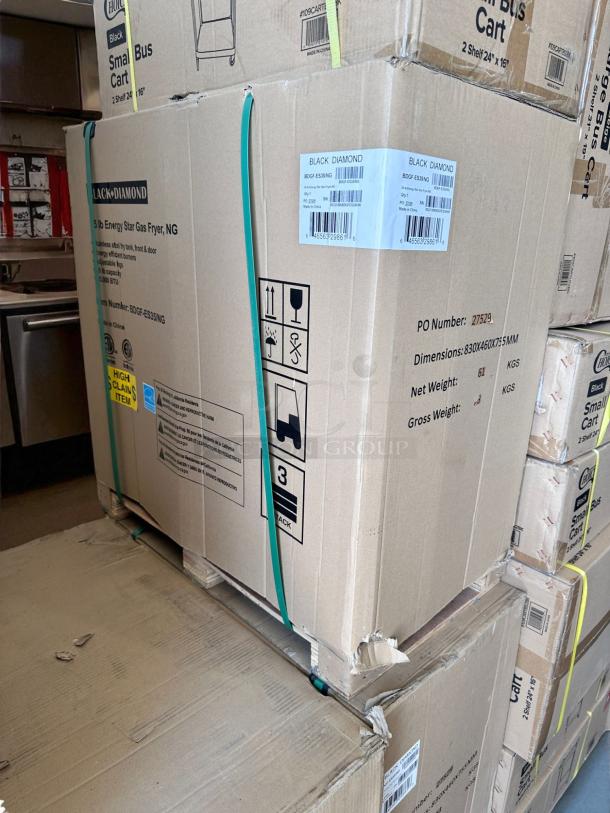 Brand new Black Diamond BDGF-ES35/NG gas fryer, 35 lb capacity, Energy Star, natural gas, boxed, PO number 27529 visible.