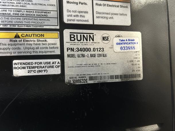 Bunn Ultra-2, 34000.0522 label with electrical and usage warnings, NSF certified, 120V, for slushy and granita beverages.