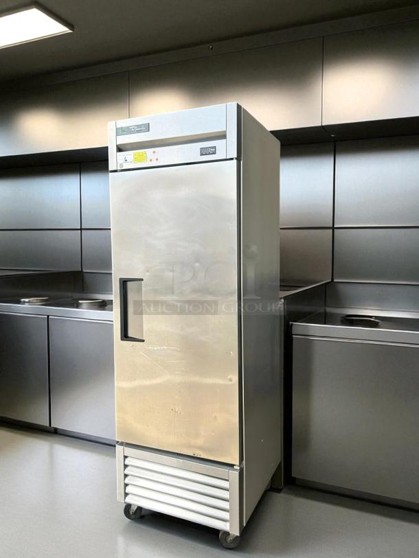 True T-23F-HC single door reach-in freezer, 115V, stainless steel, excellent condition, fully tested, on caster wheels.