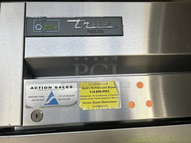True T-23F-HC single door reach-in freezer, stainless steel, 115V, natural refrigerant, Action Sales label, excellent condition.