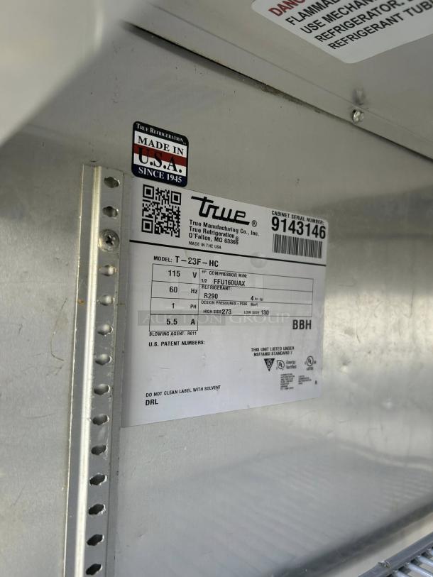 True T-23F-HC single door reach-in freezer label, shows model details, 115V, R290 refrigerant, made in the USA, fully tested.
