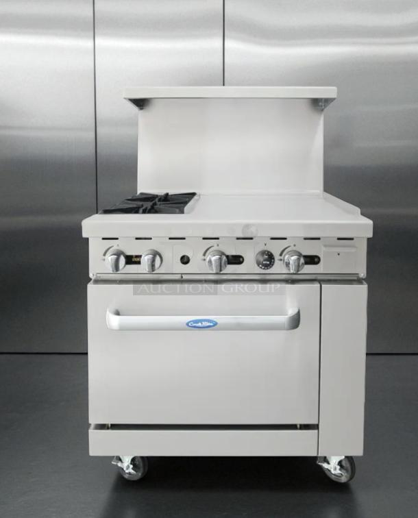 Atosa AGR-2B24GR 36" gas range, 2 burners, 24" griddle, oven, perfect condition, tested, CookRite logo visible.