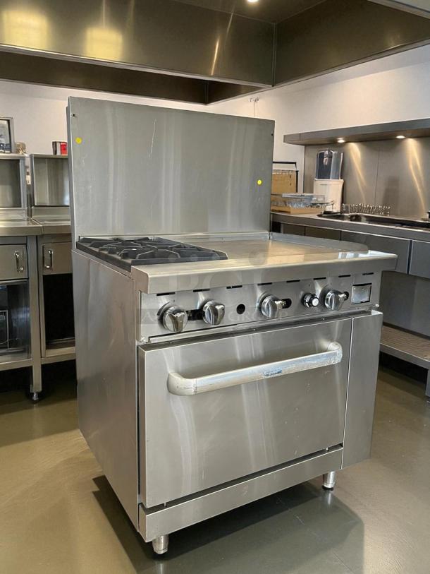 Atosa AGR-2B24GR 36" gas range, two burners, 24" griddle, oven, stainless steel, perfect condition, tested, working.