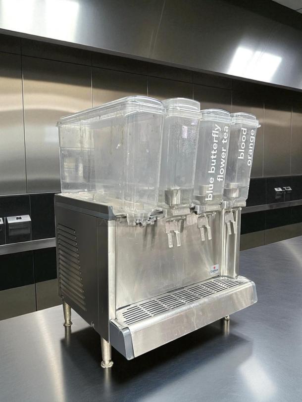 Crathco CS-4E-2/3D-16 4 Bowl Cold Beverage Dispenser, 120V, excellent condition, fully tested, stainless steel, labeled bowls.