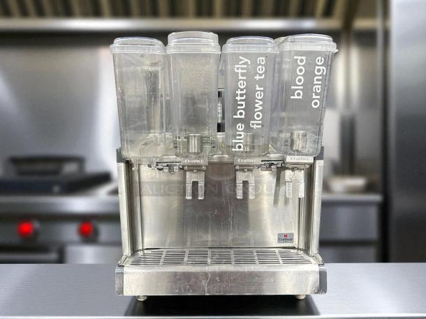 Crathco CS-4E-2/3D-16, 4 bowl cold beverage dispenser, fully tested, excellent condition, 120V, clear labeled containers.