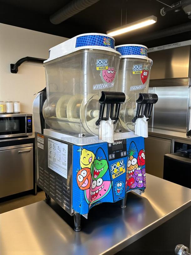 Bunn Ultra-2, 34000.0522 double 3-gallon liquid autofill beverage machine, fully tested, Jolly Rancher branding.