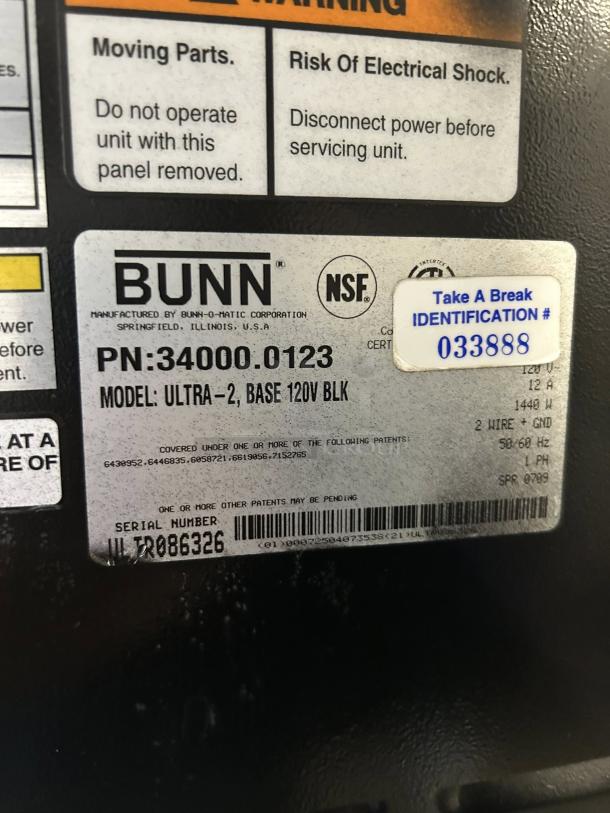 Bunn Ultra-2 Model 34000.0522 beverage machine label, detailing model and serial numbers, NSF certification.