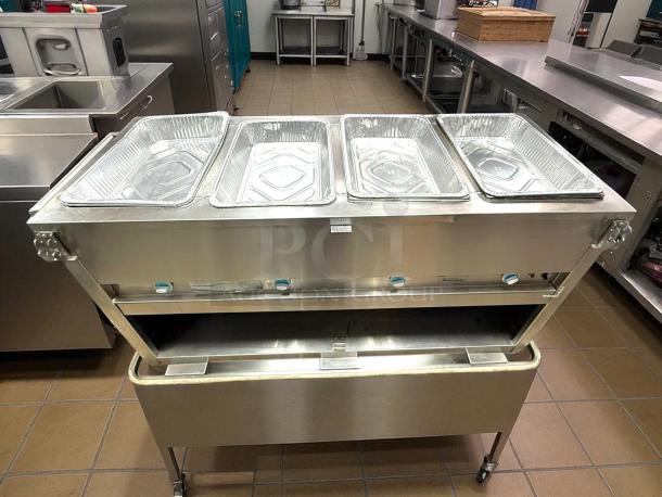 Duke E-4-DLSS 60" hot food table, 4 wells, cutting board, 208v/1ph, stainless steel, tested working, commercial kitchen.