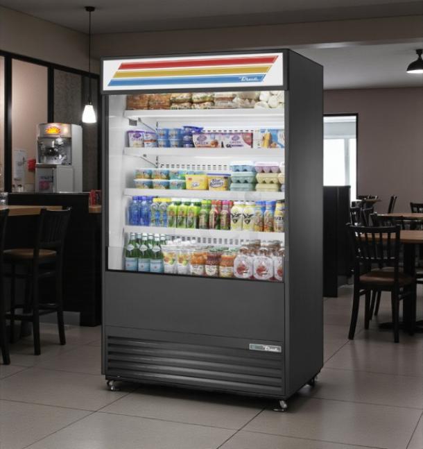 True TAC-48 air curtain merchandiser in excellent condition, 208/230V, fully tested and working, with colorful branding.