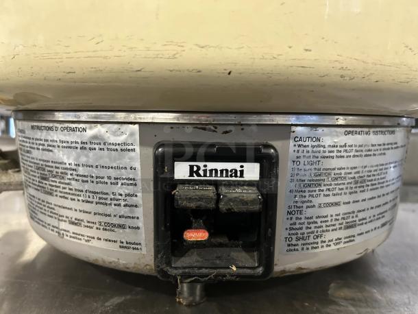 Rinnai RER55ASN commercial gas rice cooker, 55-cup capacity, natural gas; fully tested, working, operating instructions visible.
