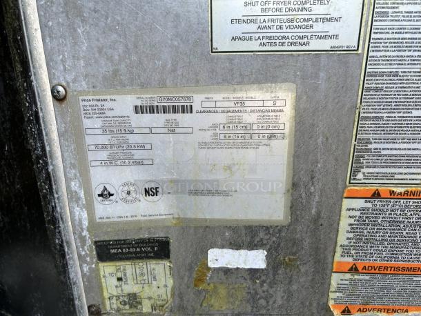 Label on Pitco VF35 gas fryer showing 70,000 BTU, NSF certified, and operational instructions.