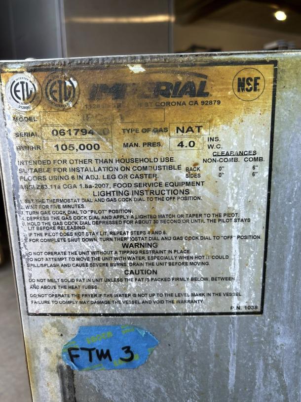 Imperial IPC-14 12 Gallon Stainless Gas Pasta Cooker, fully tested, amazing condition, visible labels and serial details.