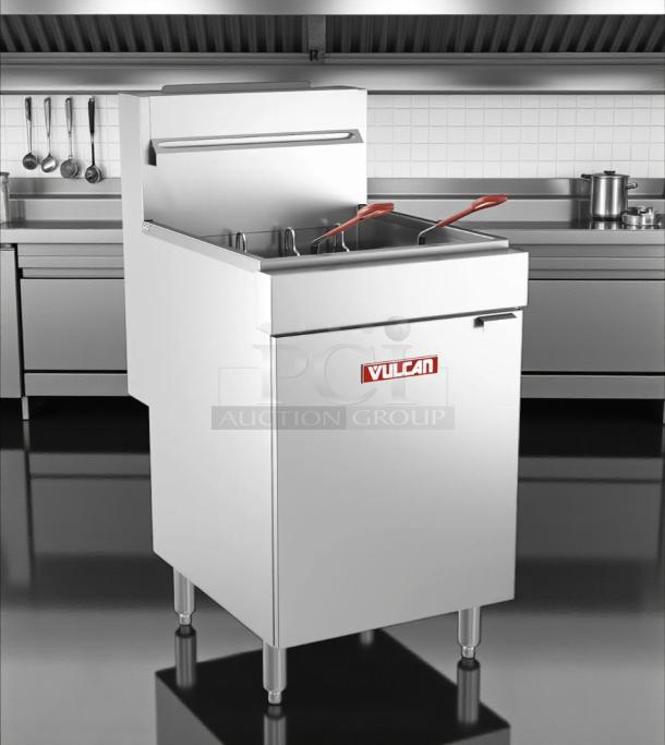Vulcan LG400-1 natural gas floor fryer, 45-50 lb. capacity, 120,000 BTU, excellent condition, fully tested, stainless steel.