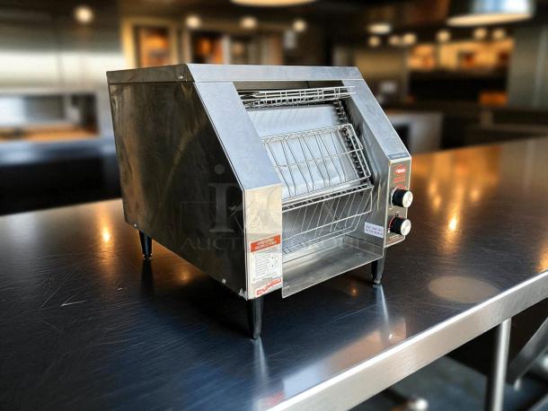 Hatco TRH-60 horizontal conveyor toaster, superb condition, 300 slices/hr, 208V, with control knobs and instruction labels.